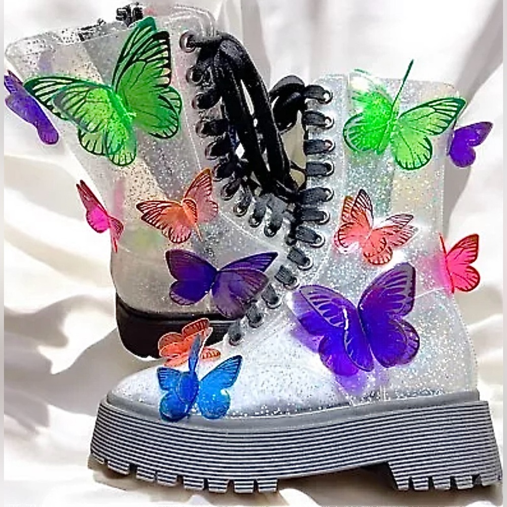 SIZE 6………Unique 3D Butterfly Lace Up Clear Combat Boots.  New…….Club Exx‎
